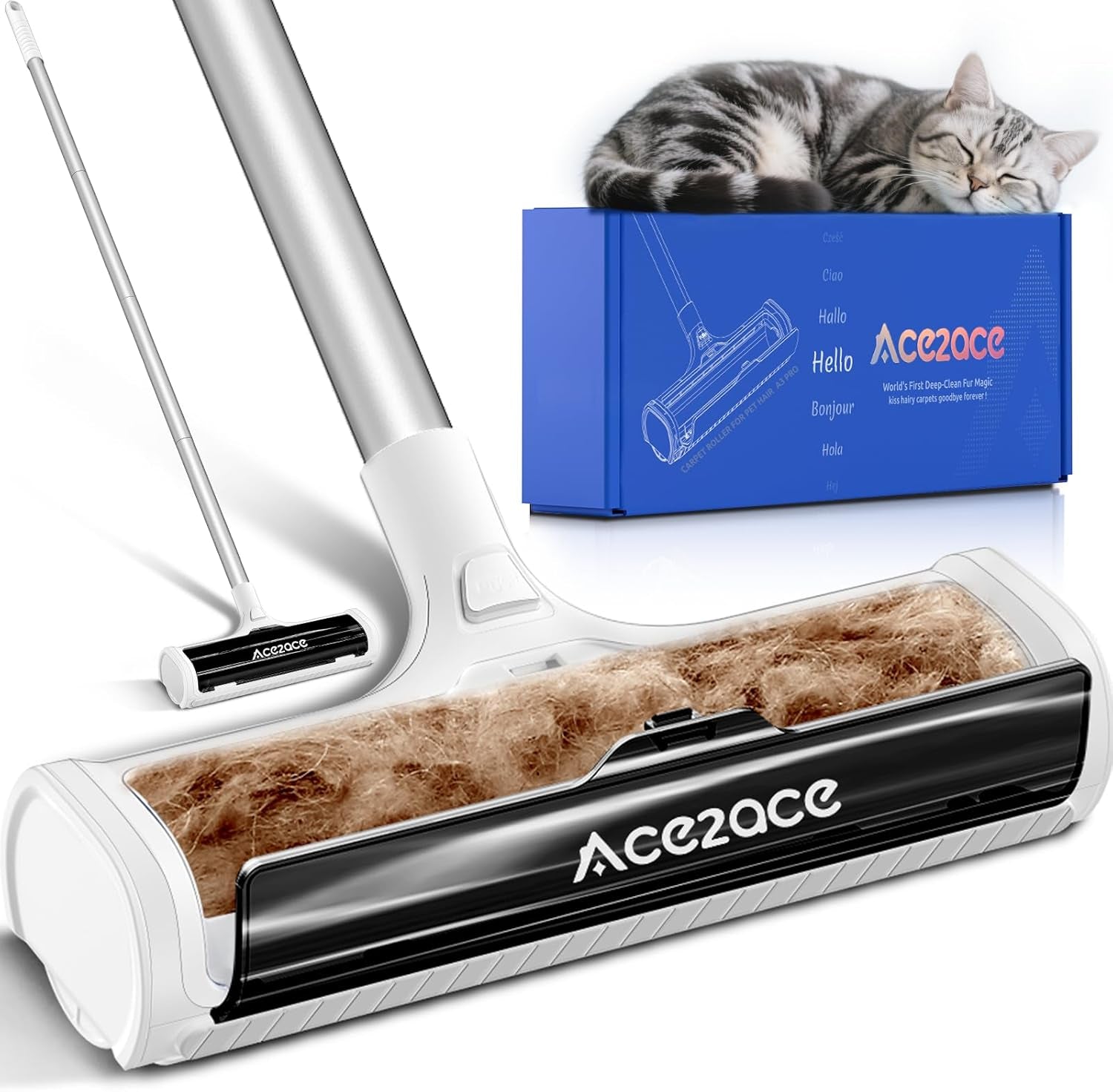 A3 Pro Carpet Roller for Pet Hair, Carpet Pet Hair Removal Tool, Reusable Large Lint Rollers, 5 Feet Long Handle No Bending No Kneeling, Cat Dog Hair Remover for Carpet, Rugs, Mats, Black