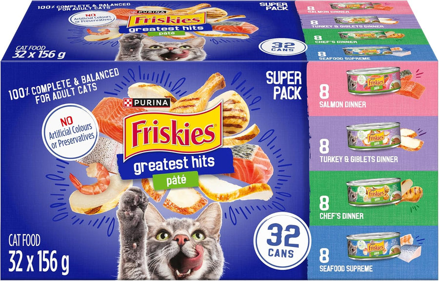 Friskies Greatest Hits Wet Cat Food, Pate Variety Pack 4 Flavours - 156 g Can (32 Pack)