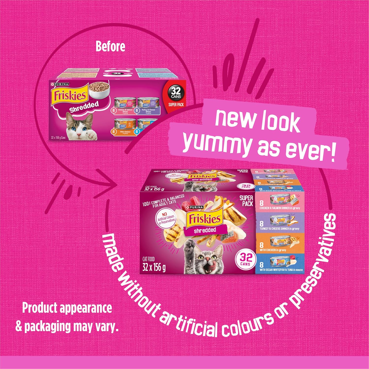 Friskies Shredded Wet Cat Food, Poultry & Fish Combo Variety Pack 4 Flavours - 156 g Can (32 Pack)