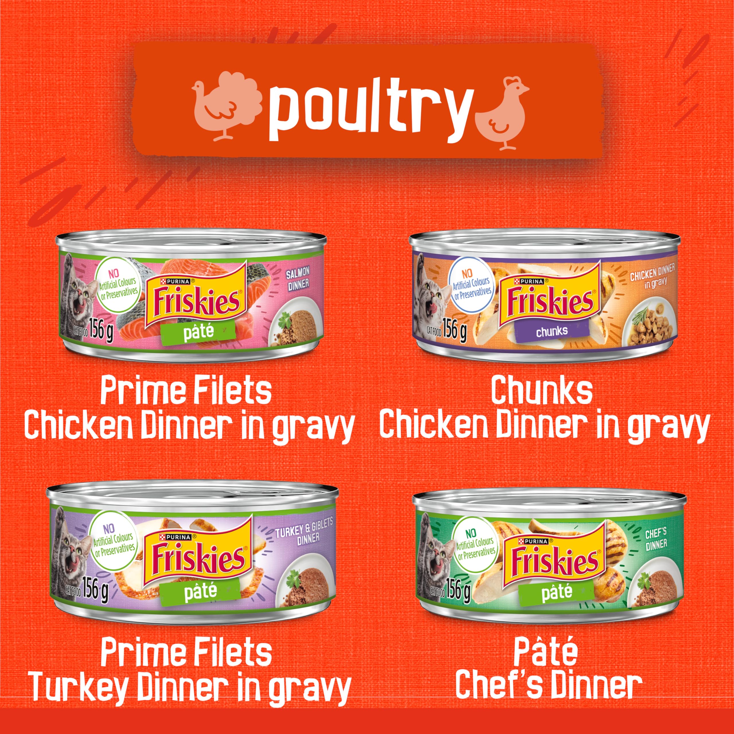 Friskies Poultry Wet Cat Food, Variety Pack 4 Flavours - 156 g Can (32 Pack)