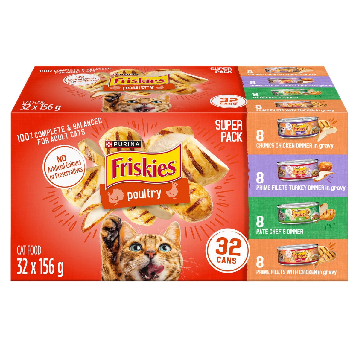 Friskies Poultry Wet Cat Food, Variety Pack 4 Flavours - 156 g Can (32 Pack)