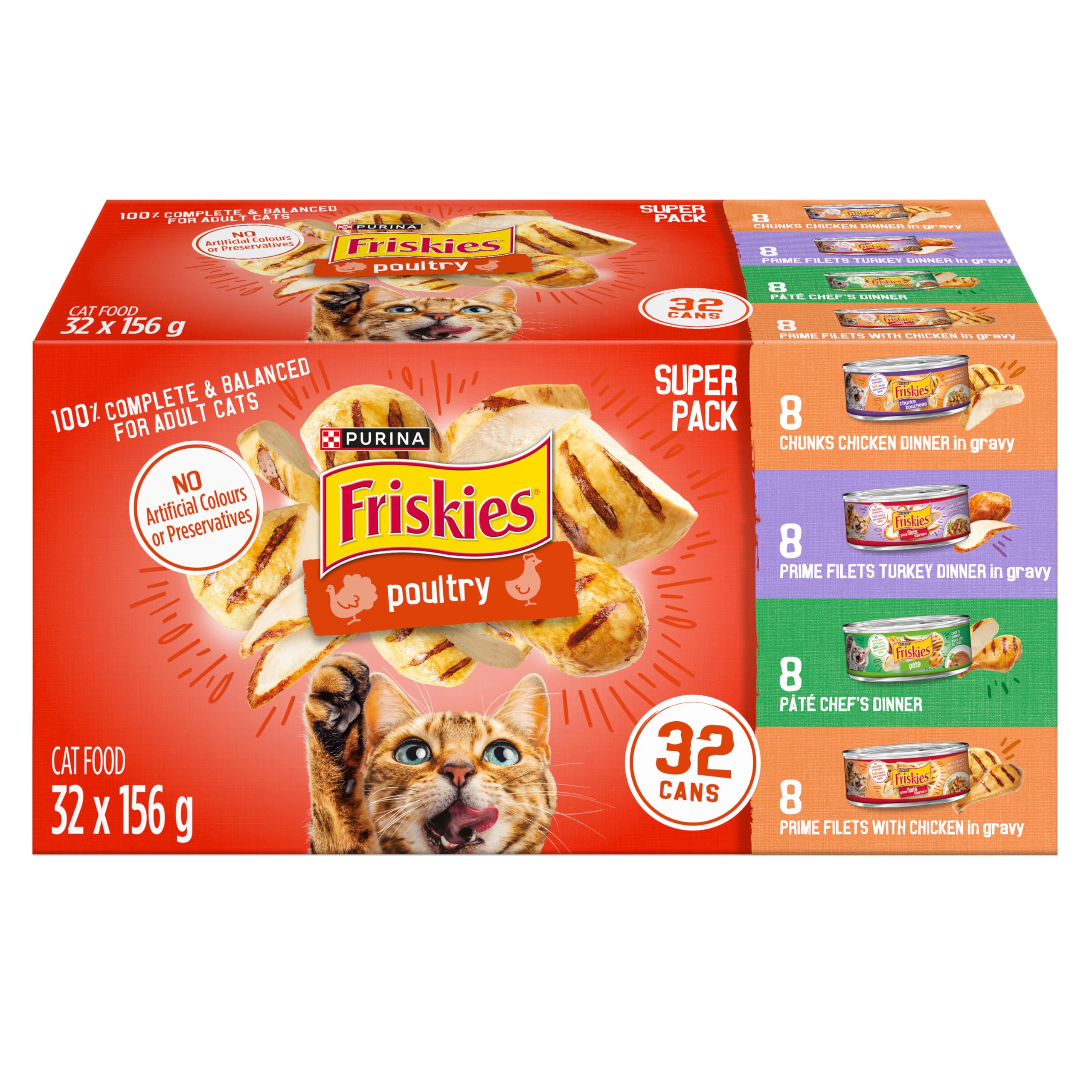 Friskies Poultry Wet Cat Food, Variety Pack 4 Flavours - 156 g Can (32 Pack)