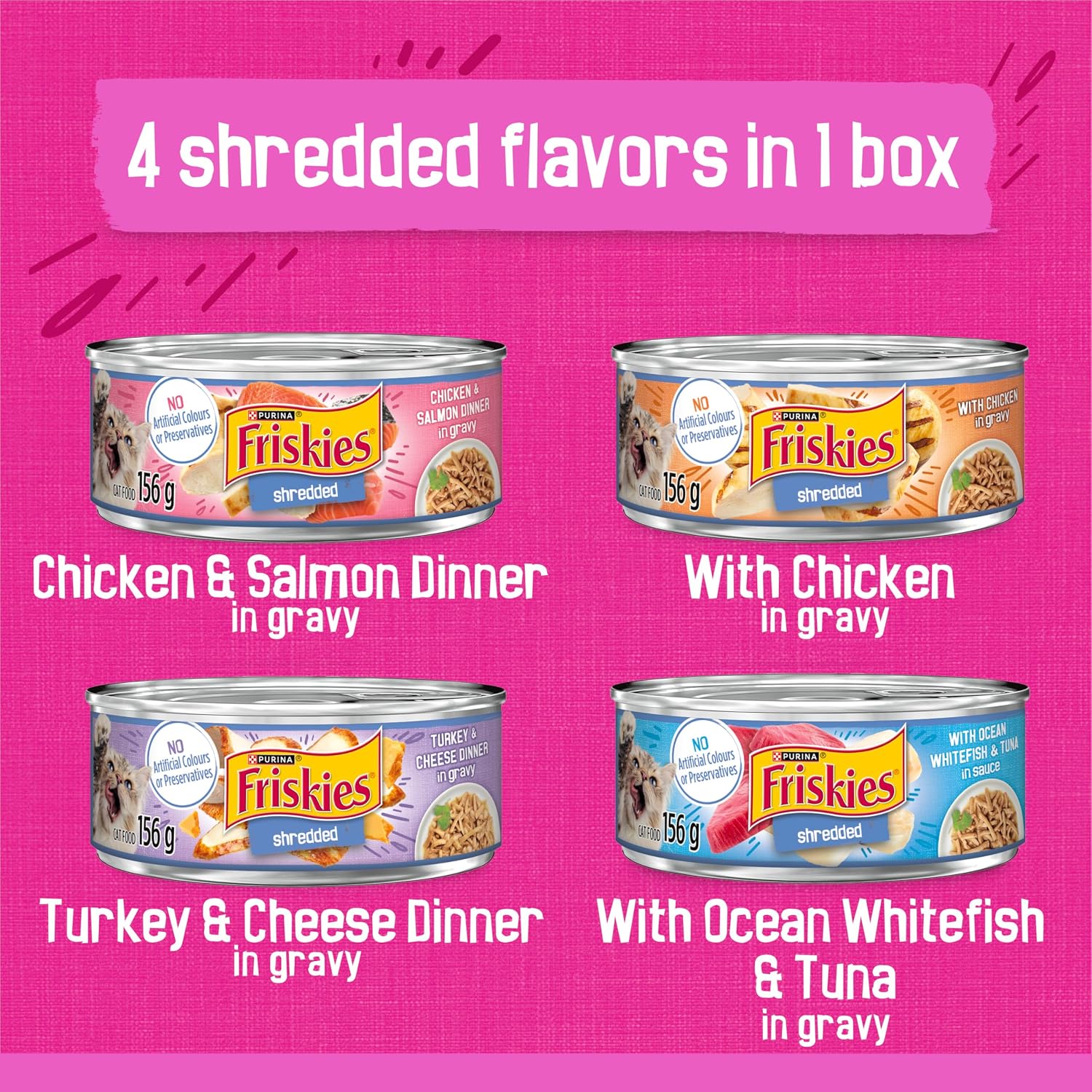 Friskies Shredded Wet Cat Food, Poultry & Fish Combo Variety Pack 4 Flavours - 156 g Can (32 Pack)