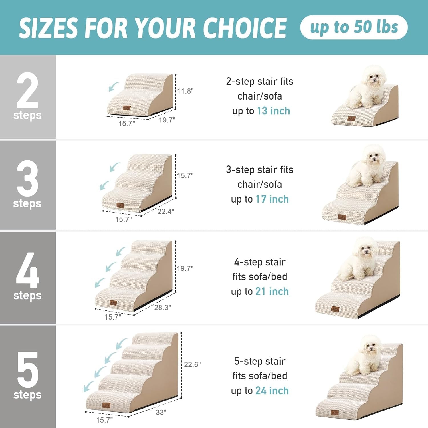 Dog Stairs for Small Dogs 15.7" H, Curved Dog Step for Puppy, Older Cat, Medium Pet Ramp for Sofa, Couch or Chair, Ladder with High Density Foam, 3 Step, 15.7X22.4X15.7 Inch, Beige
