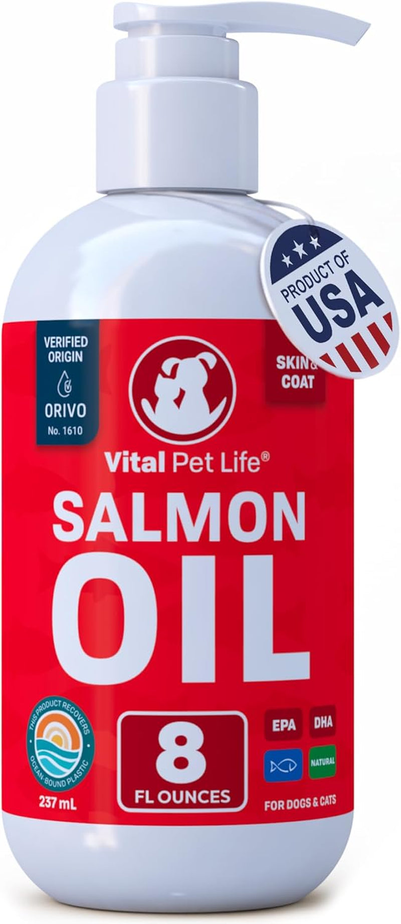 Salmon Oil for Dogs & Cats - Healthy Skin & Coat, Fish Oil, Omega 3 EPA DHA, Liquid Food Supplement for Pets, All Natural, Supports Joint & Bone Health, Natural Allergy & Inflammation Defense, 8 Oz