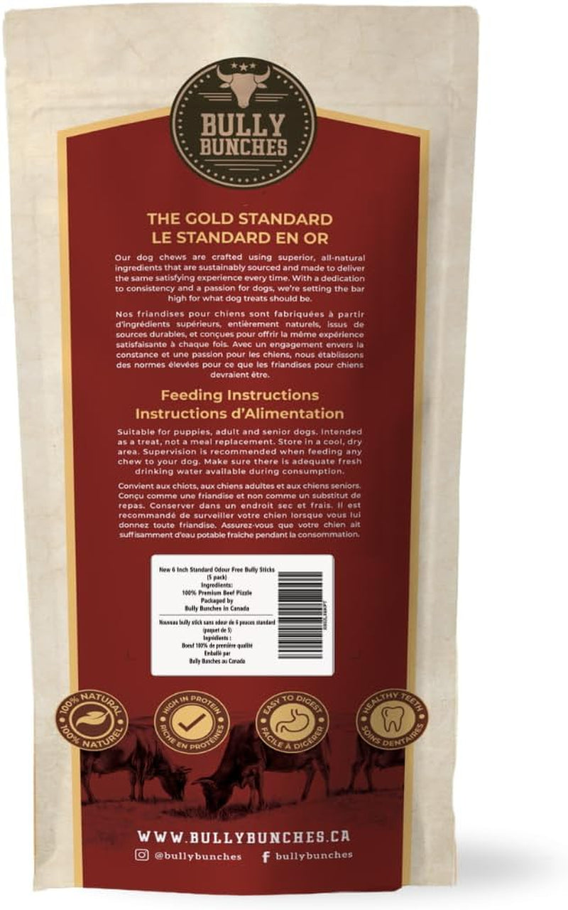 Premium (6" Standard - 5 Pack) Odour-Free, Consistently Sized Bully Sticks for Small & Medium Dogs & Puppies, Long-Lasting Oral Care Chews, All-Natural Single-Ingredient Beef, No Rawhide