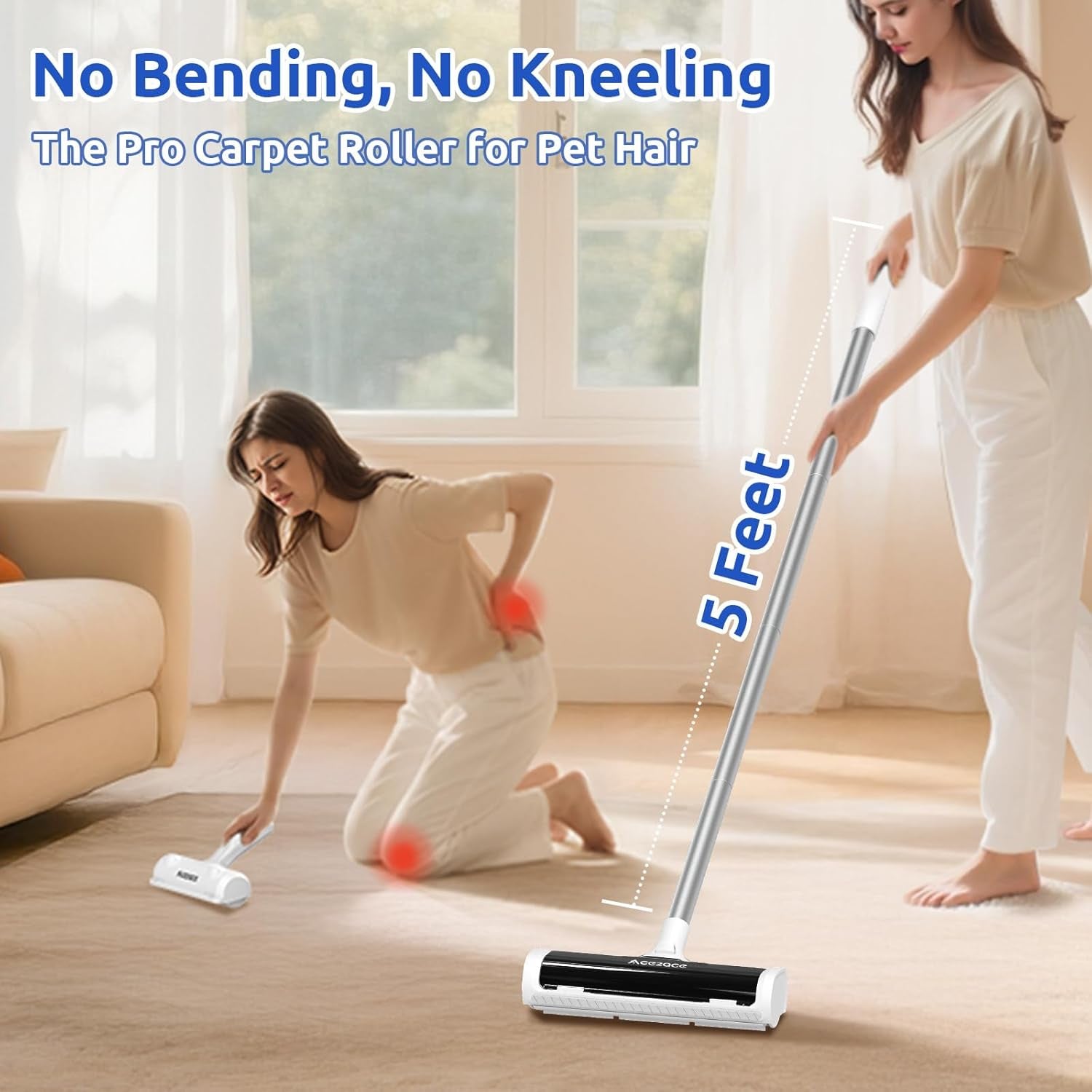 A3 Pro Carpet Roller for Pet Hair, Carpet Pet Hair Removal Tool, Reusable Large Lint Rollers, 5 Feet Long Handle No Bending No Kneeling, Cat Dog Hair Remover for Carpet, Rugs, Mats, Black
