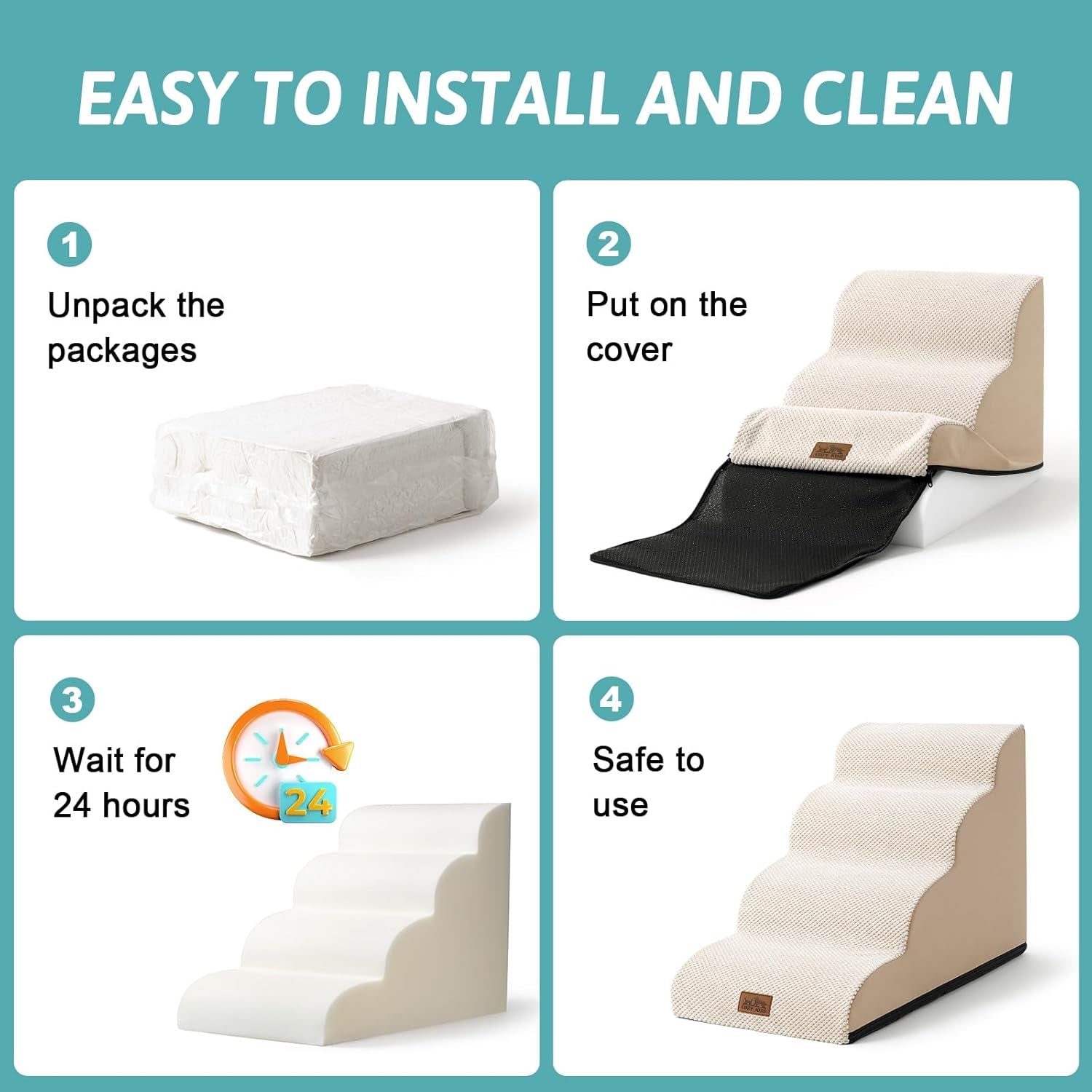 Dog Stairs for Small Dogs 15.7" H, Curved Dog Step for Puppy, Older Cat, Medium Pet Ramp for Sofa, Couch or Chair, Ladder with High Density Foam, 3 Step, 15.7X22.4X15.7 Inch, Beige