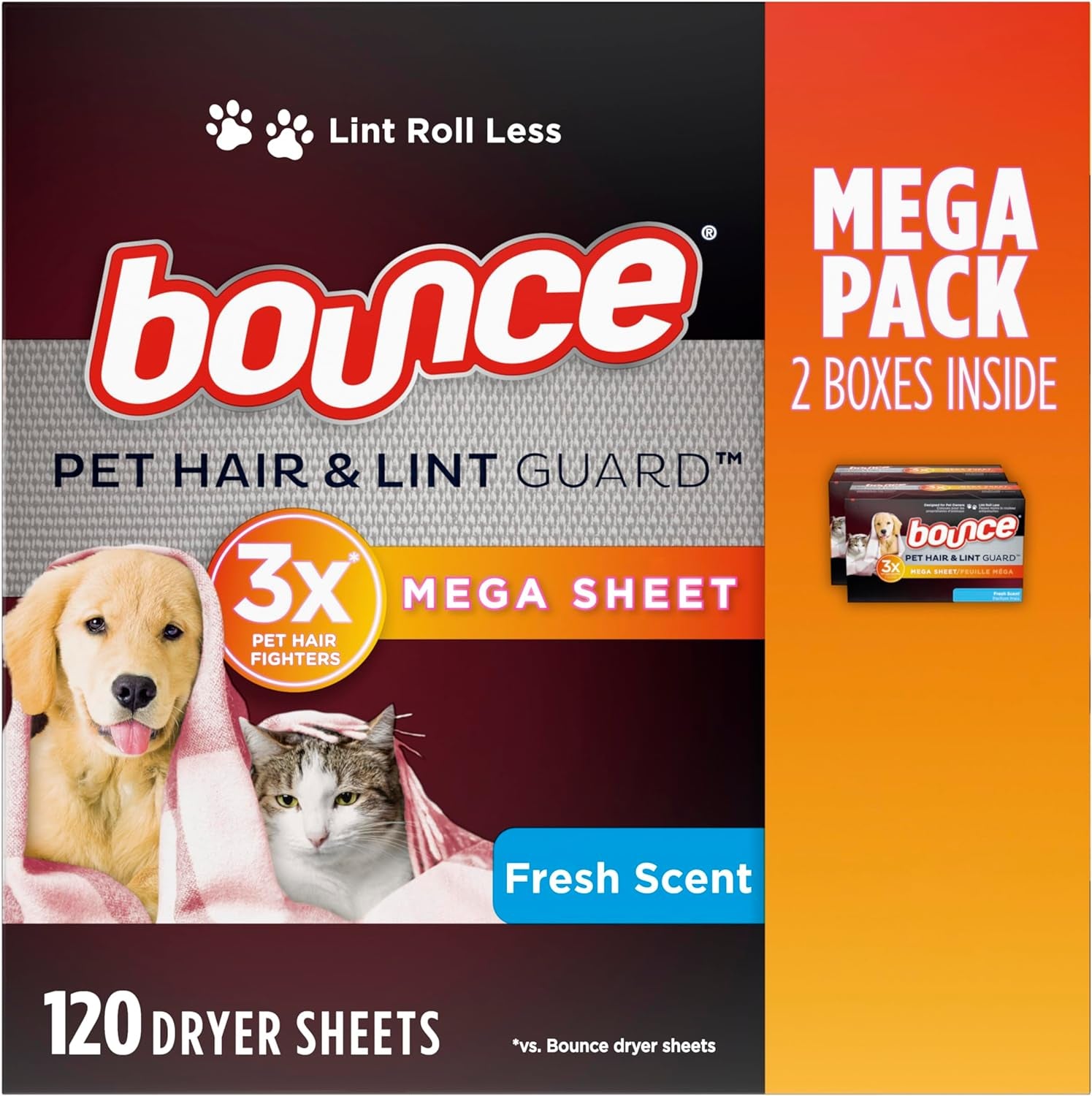 Pet Hair and Lint Guard Mega Dryer Sheets for Laundry, Fabric Softener with 3X Pet Hair Fighters, Fresh Scent, 120 Count, White