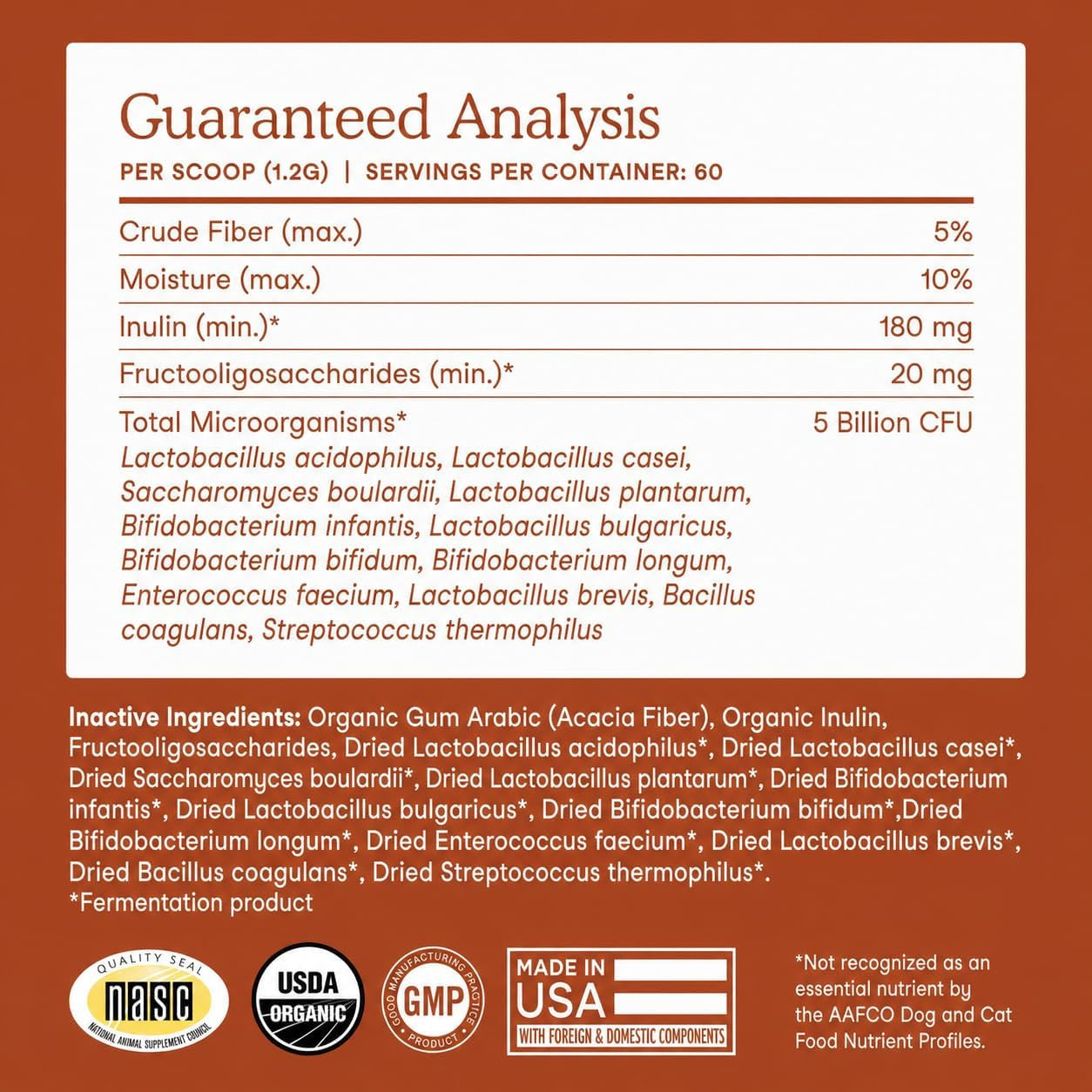 Probiotics for Dogs & Cats with Prebiotics - USDA Organic - Gut Health Powder Supplement with 12 Strains and 5 Billion Cfus - Supports Immunity, Energy and Skin & Coat - 60 Scoops