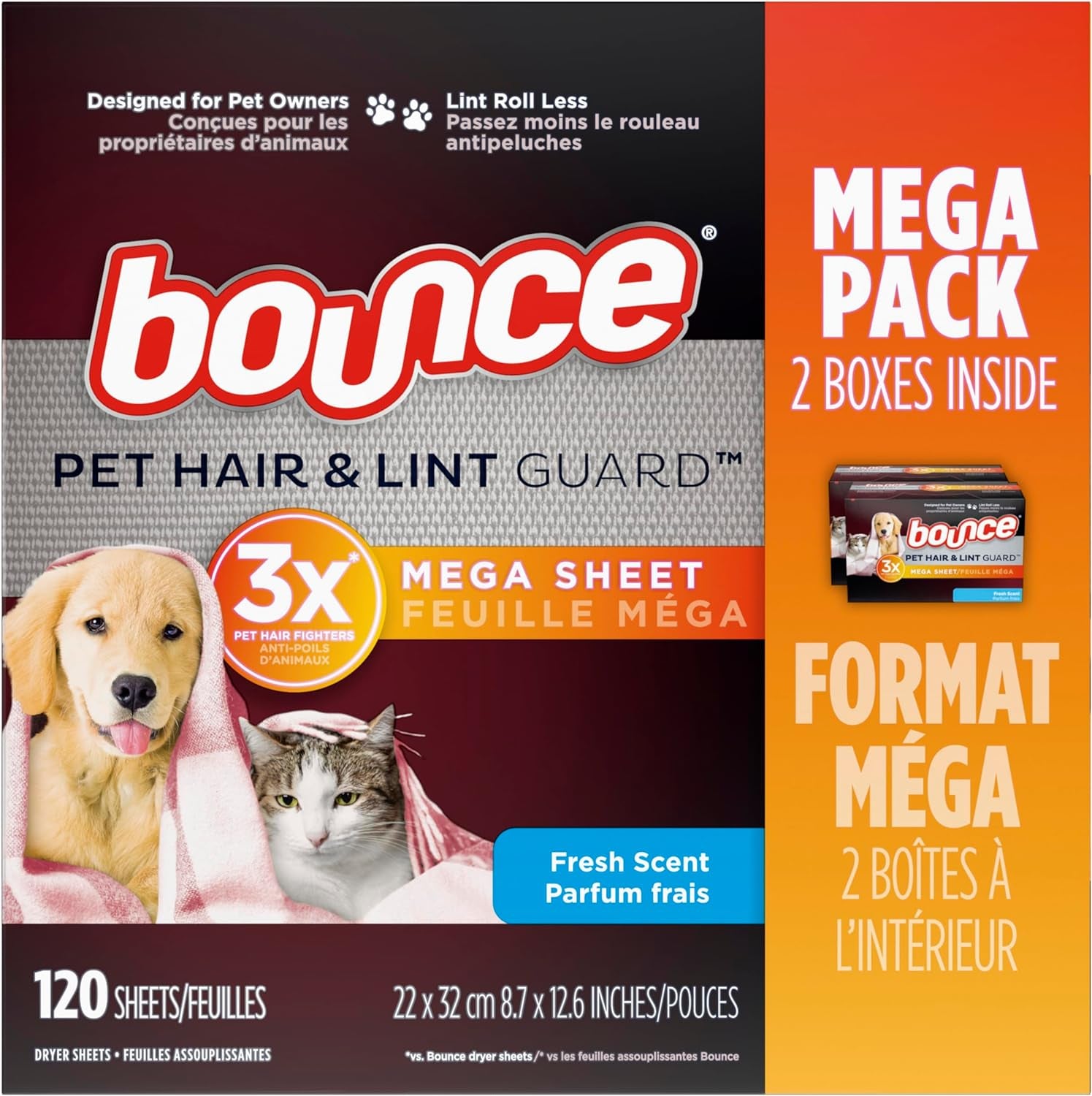Pet Hair and Lint Guard Mega Dryer Sheets for Laundry, Fabric Softener with 3X Pet Hair Fighters, Fresh Scent, 120 Count, White